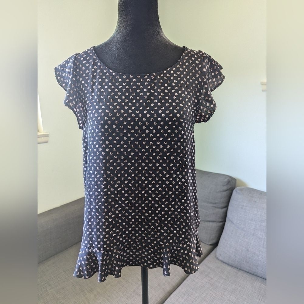Navy Blue Floral Print Blouse with Ruffle Sleeves - Size M